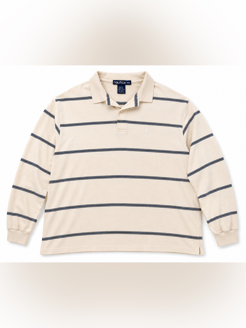 Vintage Nautica Long Sleeve Polo Shirt XXL Cream Navy Stripe 100% Cotton